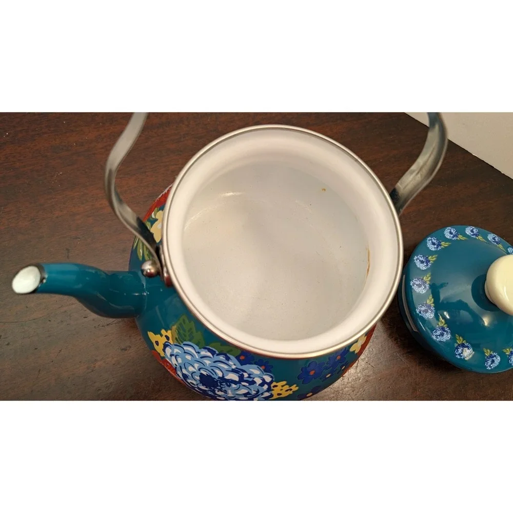 Pioneer Woman 2 QT Dazzling Dahlia Tea Kettle Enamel Steel Teal Floral 3215JOC